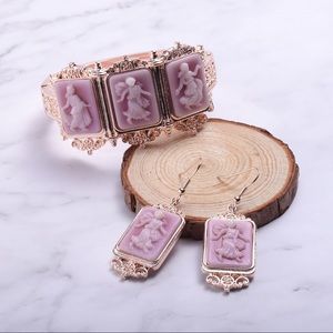 Pink Cameo Carved Bangle Bracelet and Earrings set
